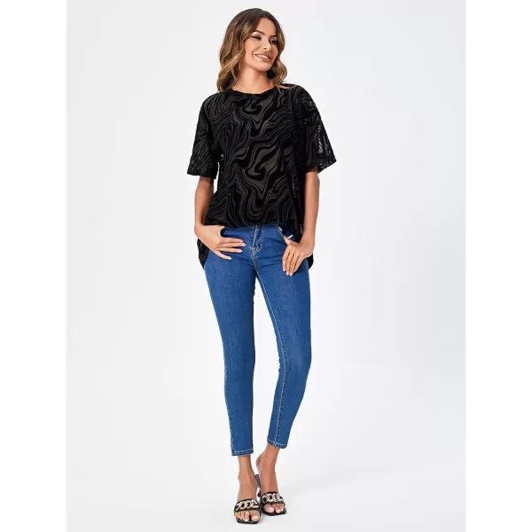 WDIRARA Women's Glitter Sheer See Through Short Sleeve Mesh Top Tee Blouse