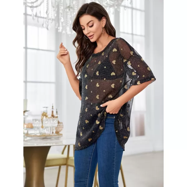 WDIRARA Women's Glitter Sheer See Through Short Sleeve Mesh Top Tee Blouse