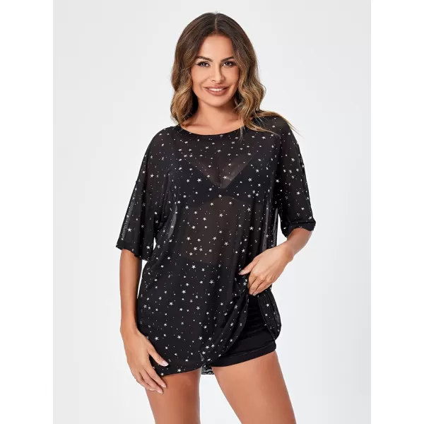WDIRARA Women's Glitter Sheer See Through Short Sleeve Mesh Top Tee Blouse