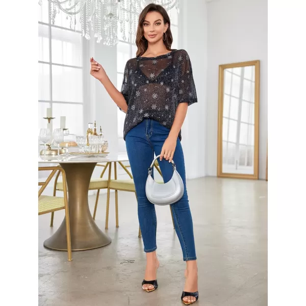 WDIRARA Women's Glitter Sheer See Through Short Sleeve Mesh Top Tee Blouse