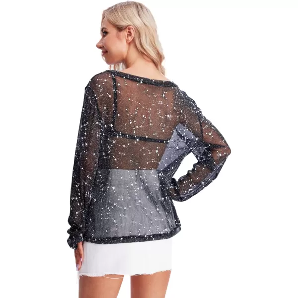 WDIRARA Women's Glitter Sheer See Through Short Sleeve Mesh Top Tee Blouse