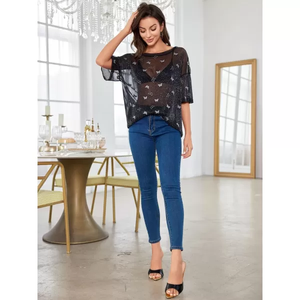 WDIRARA Women's Glitter Sheer See Through Short Sleeve Mesh Top Tee Blouse