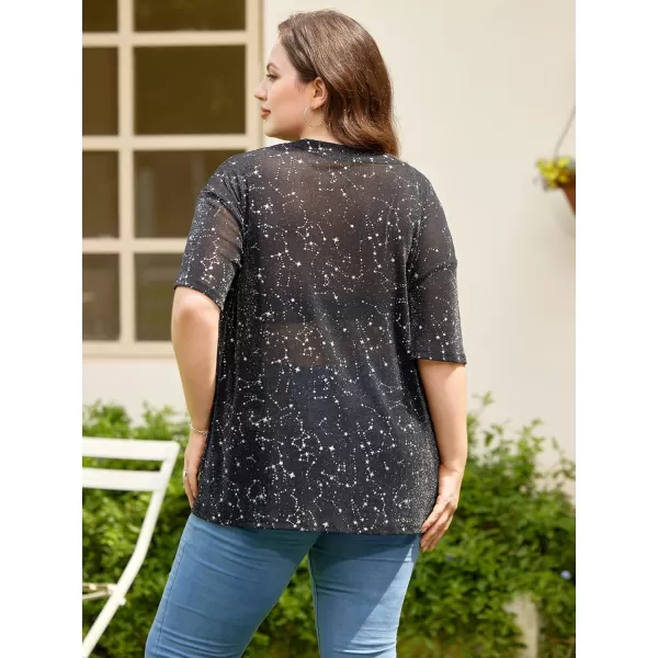 WDIRARA Women's Glitter Sheer See Through Short Sleeve Mesh Top Tee Blouse