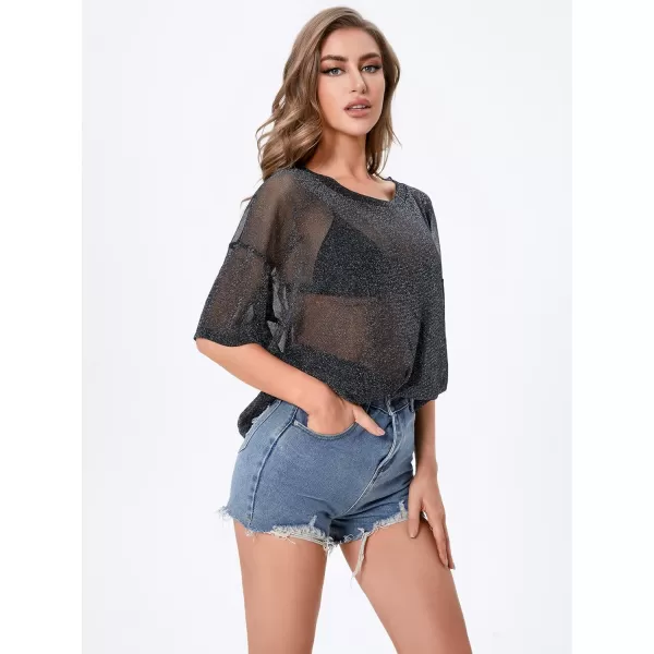 WDIRARA Women's Glitter Sheer See Through Short Sleeve Mesh Top Tee Blouse