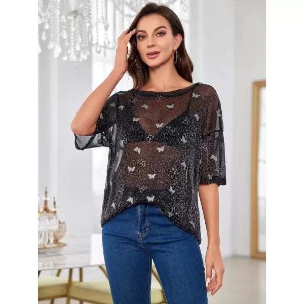 WDIRARA Women's Glitter Sheer See Through Short Sleeve Mesh Top Tee Blouse
