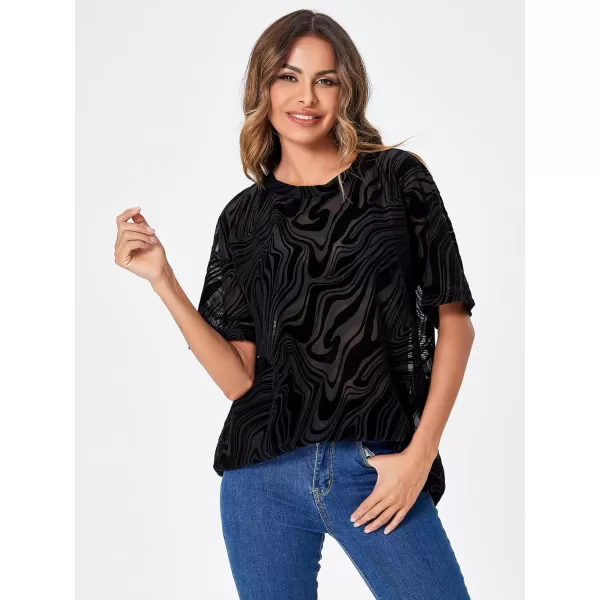 WDIRARA Women's Glitter Sheer See Through Short Sleeve Mesh Top Tee Blouse
