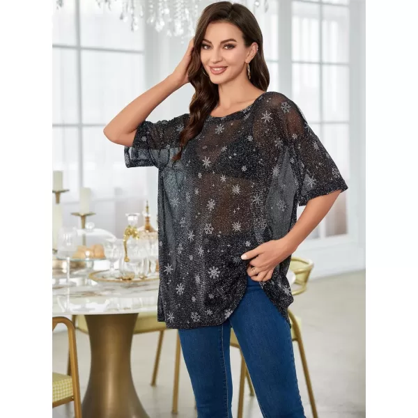 WDIRARA Women's Glitter Sheer See Through Short Sleeve Mesh Top Tee Blouse