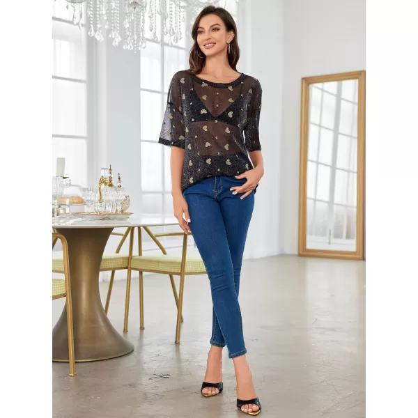 WDIRARA Women's Glitter Sheer See Through Short Sleeve Mesh Top Tee Blouse