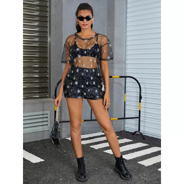 WDIRARA Women's Glitter Sheer See Through Short Sleeve Mesh Top Tee Blouse