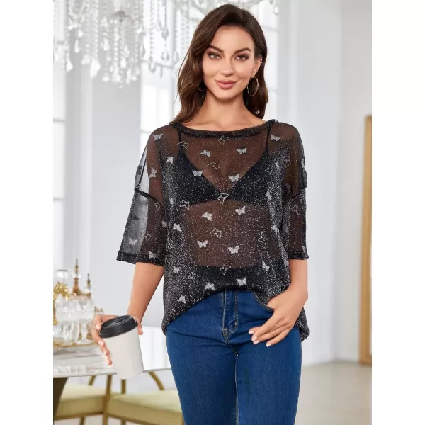 WDIRARA Women's Glitter Sheer See Through Short Sleeve Mesh Top Tee Blouse