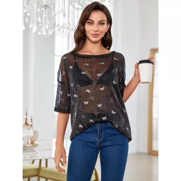 WDIRARA Women's Glitter Sheer See Through Short Sleeve Mesh Top Tee Blouse