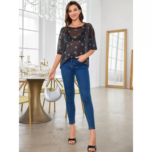 WDIRARA Women's Glitter Sheer See Through Short Sleeve Mesh Top Tee Blouse