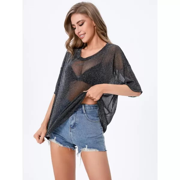 WDIRARA Women's Glitter Sheer See Through Short Sleeve Mesh Top Tee Blouse