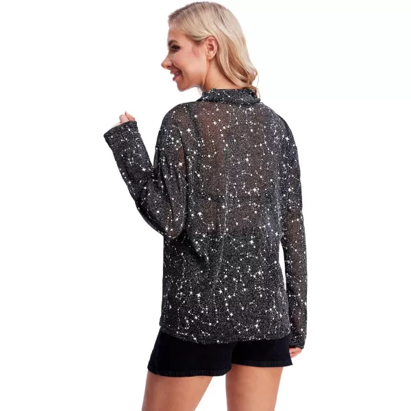 WDIRARA Women's Glitter Sheer See Through Short Sleeve Mesh Top Tee Blouse