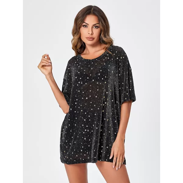 WDIRARA Women's Glitter Sheer See Through Short Sleeve Mesh Top Tee Blouse