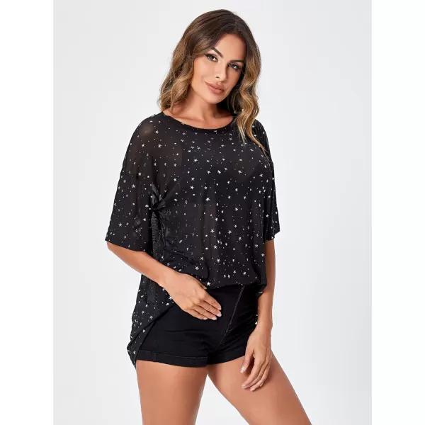 WDIRARA Women's Glitter Sheer See Through Short Sleeve Mesh Top Tee Blouse