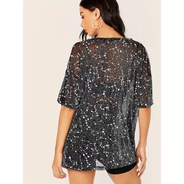 WDIRARA Women's Glitter Sheer See Through Short Sleeve Mesh Top Tee Blouse
