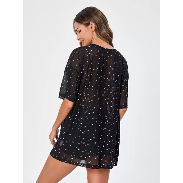 WDIRARA Women's Glitter Sheer See Through Short Sleeve Mesh Top Tee Blouse