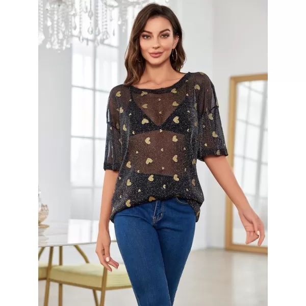 WDIRARA Women's Glitter Sheer See Through Short Sleeve Mesh Top Tee Blouse