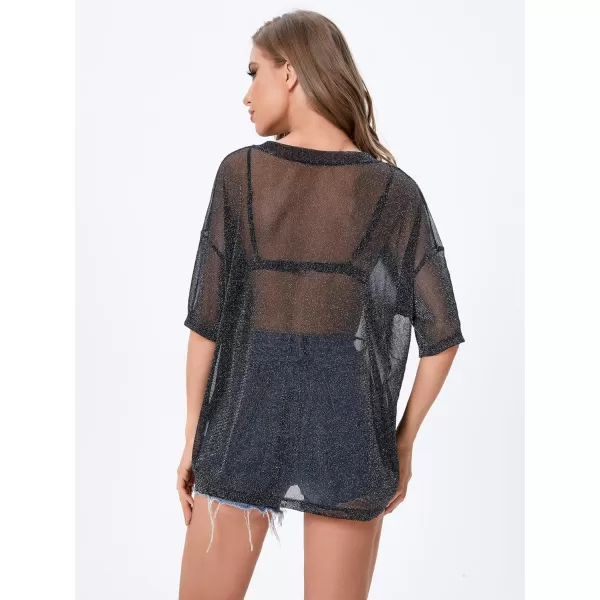 WDIRARA Women's Glitter Sheer See Through Short Sleeve Mesh Top Tee Blouse