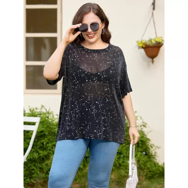 WDIRARA Women's Glitter Sheer See Through Short Sleeve Mesh Top Tee Blouse