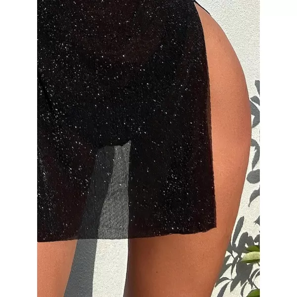 WDIRARA Women's Glitter Split Thigh Draped Halter Backless Sleeveless Sheer Beach Cover Up Dress
