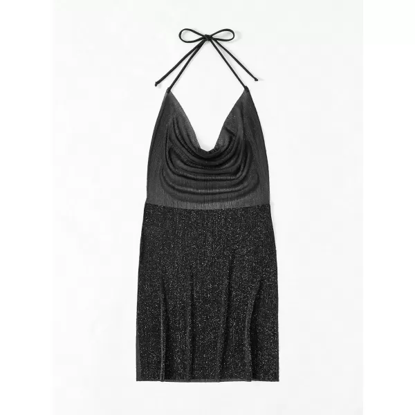 WDIRARA Women's Glitter Split Thigh Draped Halter Backless Sleeveless Sheer Beach Cover Up Dress