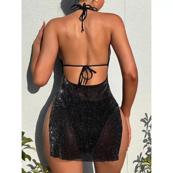 WDIRARA Women's Glitter Split Thigh Draped Halter Backless Sleeveless Sheer Beach Cover Up Dress