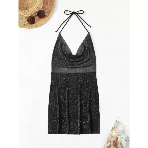 WDIRARA Women's Glitter Split Thigh Draped Halter Backless Sleeveless Sheer Beach Cover Up Dress