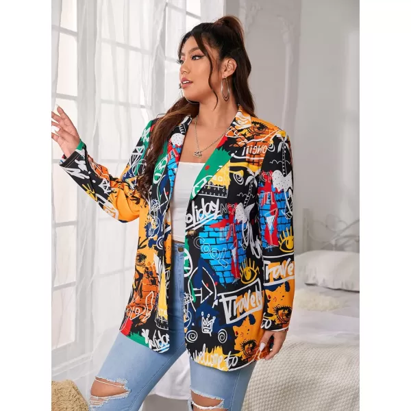 WDIRARA Women's Graphic Print Blazer Button Open Front Long Sleeve Jacket Multicolored