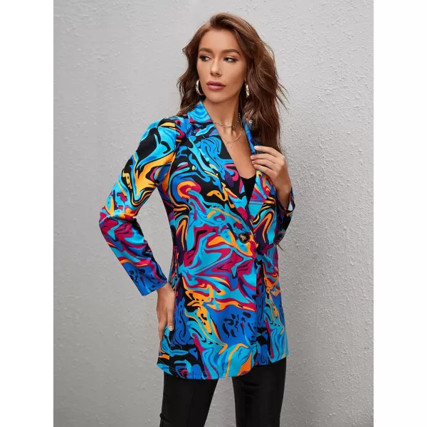 WDIRARA Women's Graphic Print Blazer Button Open Front Long Sleeve Jacket Multicolored