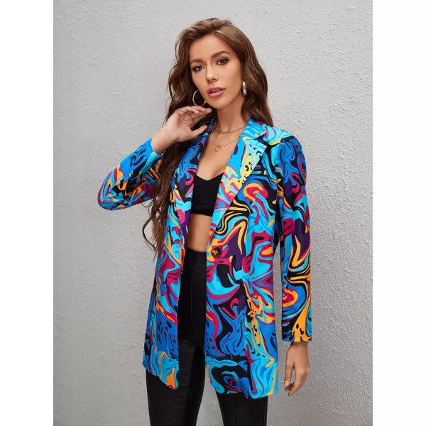 WDIRARA Women's Graphic Print Blazer Button Open Front Long Sleeve Jacket Multicolored