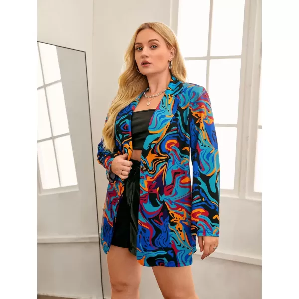 WDIRARA Women's Graphic Print Blazer Button Open Front Long Sleeve Jacket Multicolored