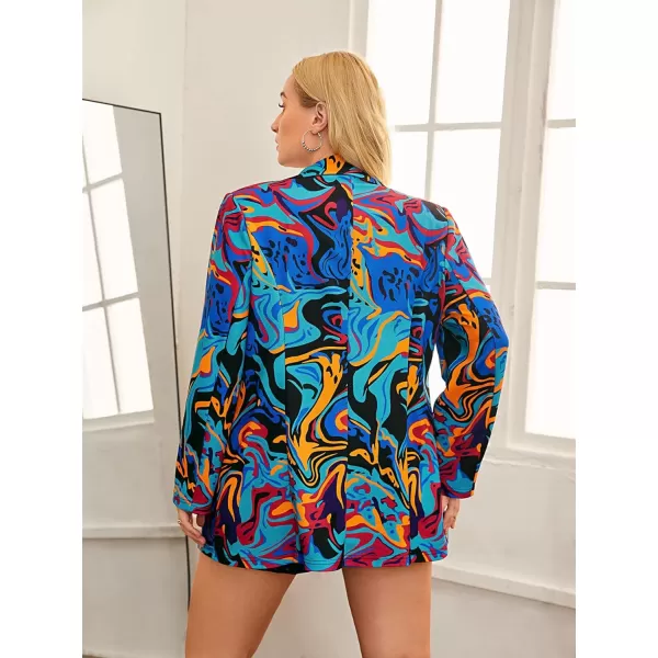 WDIRARA Women's Graphic Print Blazer Button Open Front Long Sleeve Jacket Multicolored