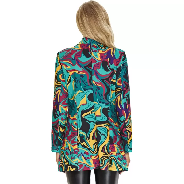 WDIRARA Women's Graphic Print Blazer Button Open Front Long Sleeve Jacket Multicolored
