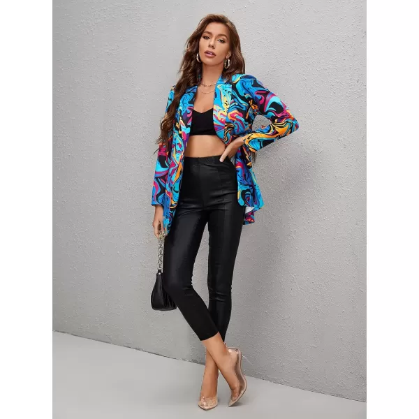 WDIRARA Women's Graphic Print Blazer Button Open Front Long Sleeve Jacket Multicolored