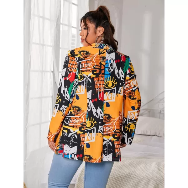 WDIRARA Women's Graphic Print Blazer Button Open Front Long Sleeve Jacket Multicolored