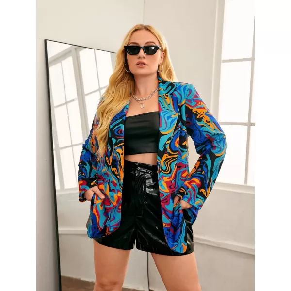 WDIRARA Women's Graphic Print Blazer Button Open Front Long Sleeve Jacket Multicolored