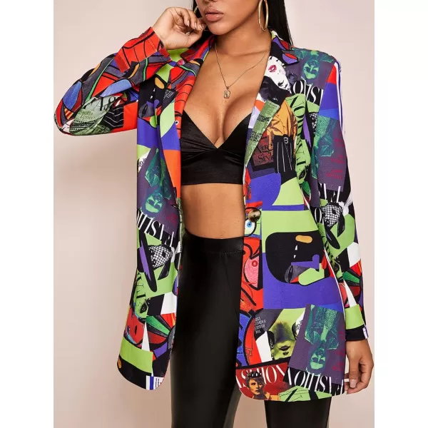 WDIRARA Women's Graphic Print Blazer Button Open Front Long Sleeve Jacket Multicolored