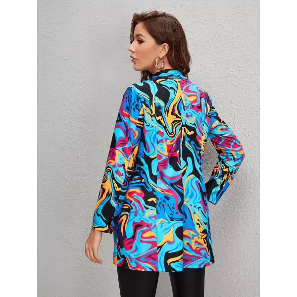 WDIRARA Women's Graphic Print Blazer Button Open Front Long Sleeve Jacket Multicolored