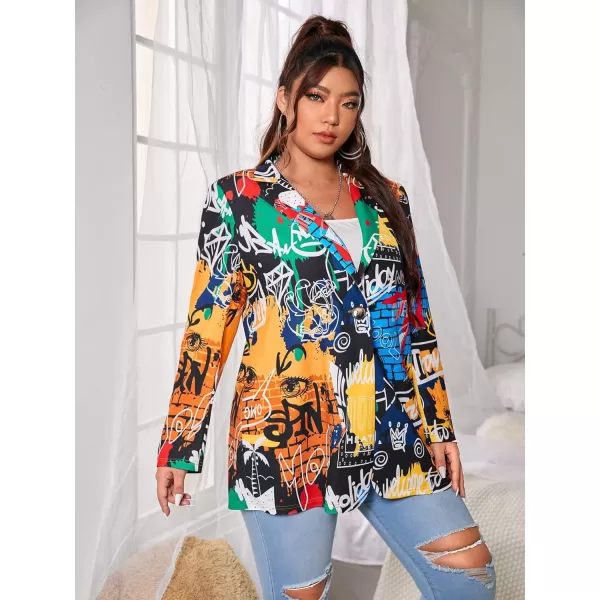 WDIRARA Women's Graphic Print Blazer Button Open Front Long Sleeve Jacket Multicolored