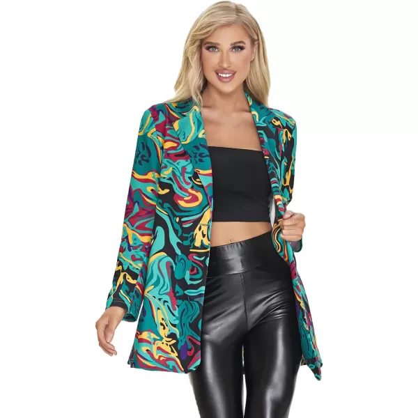 WDIRARA Women's Graphic Print Blazer Button Open Front Long Sleeve Jacket Multicolored