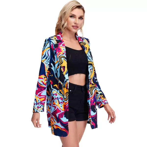 WDIRARA Women's Graphic Print Blazer Button Open Front Long Sleeve Jacket Multicolored
