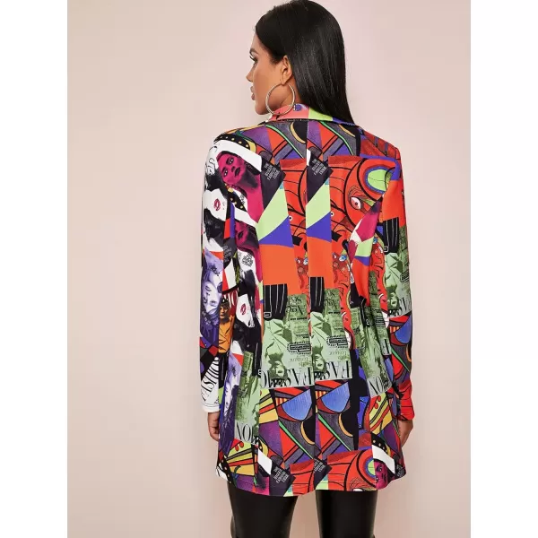 WDIRARA Women's Graphic Print Blazer Button Open Front Long Sleeve Jacket Multicolored