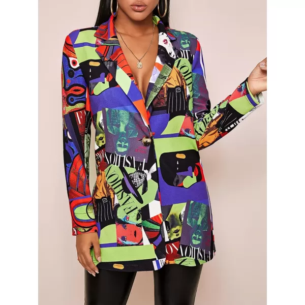 WDIRARA Women's Graphic Print Blazer Button Open Front Long Sleeve Jacket Multicolored