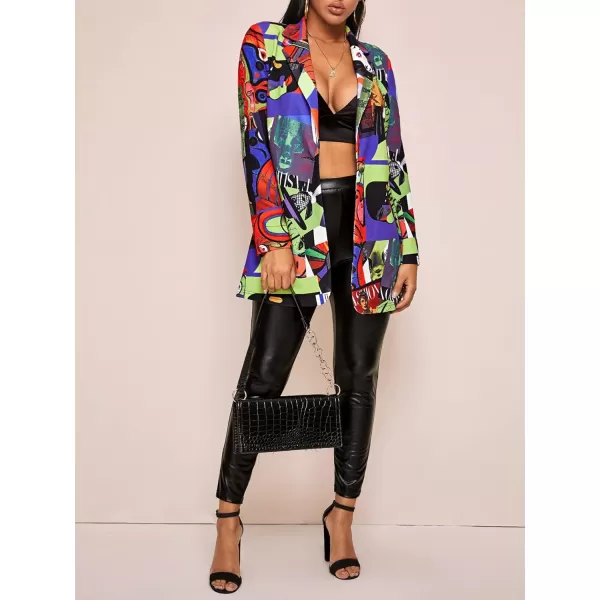 WDIRARA Women's Graphic Print Blazer Button Open Front Long Sleeve Jacket Multicolored