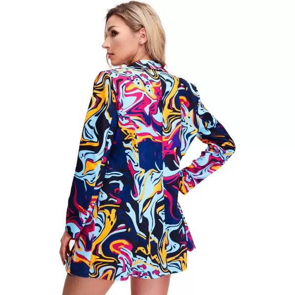 WDIRARA Women's Graphic Print Blazer Button Open Front Long Sleeve Jacket Multicolored