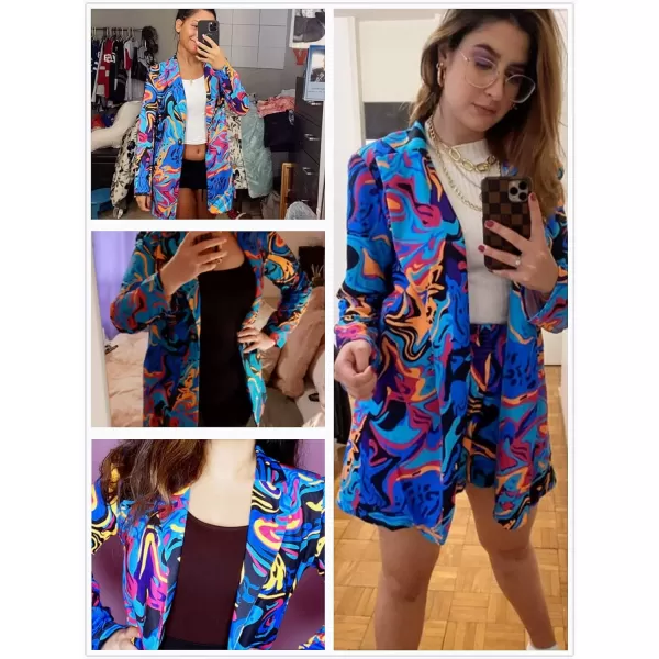 WDIRARA Women's Graphic Print Blazer Button Open Front Long Sleeve Jacket Multicolored