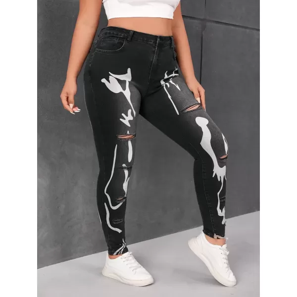 WDIRARA Women's Graphic Print Ripped Jeans High Waisted Button Denim Pants