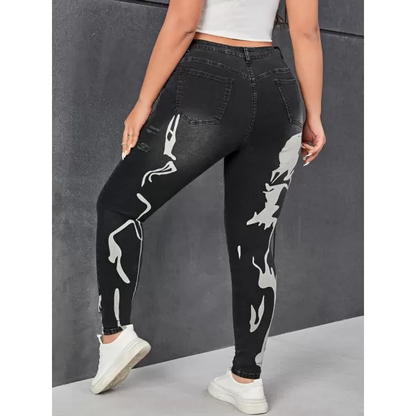 WDIRARA Women's Graphic Print Ripped Jeans High Waisted Button Denim Pants